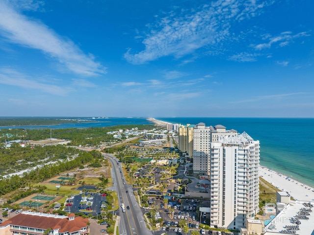 aerial view with a water view and a beach view