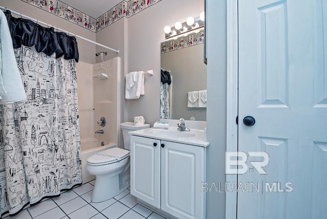 full bath featuring toilet, shower / tub combo, tile patterned flooring, and vanity