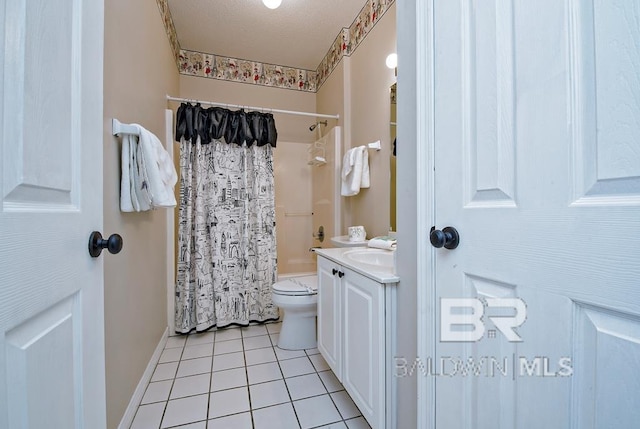 full bath featuring tile patterned flooring, toilet, vanity, baseboards, and shower / bath combination with curtain