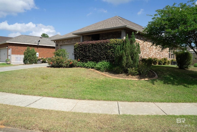 ranch-style home featuring a garage, brick siding, a front yard, and roof with shingles