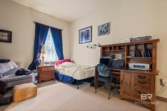 bedroom with light carpet