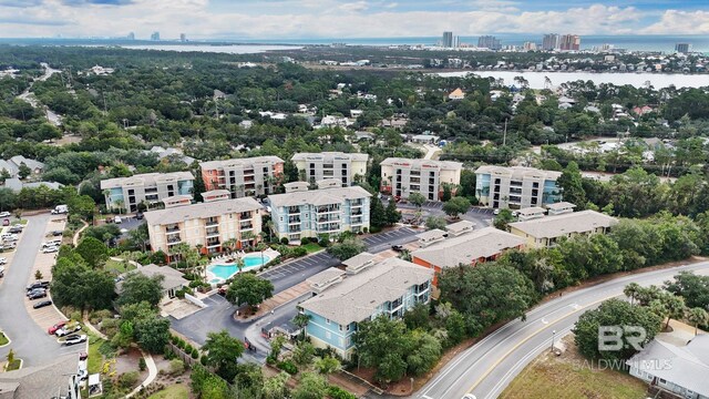 drone / aerial view featuring a water view