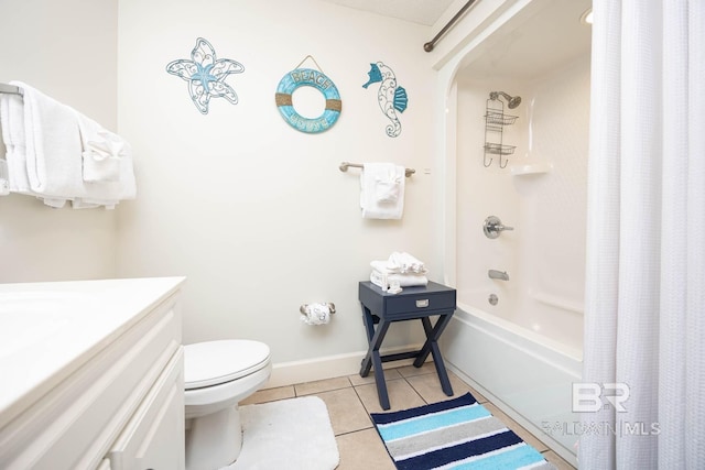 bathroom with toilet, shower / bath combo with shower curtain, and tile patterned flooring