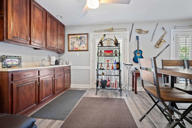 kitchen featuring sink, ceiling fan, and light hardwood / wood-style flooring