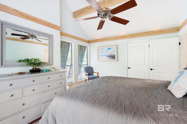 bedroom with access to outside, vaulted ceiling with beams, and ceiling fan