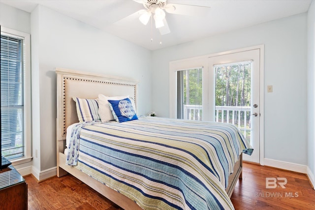 bedroom featuring ceiling fan and dark wood-type flooring