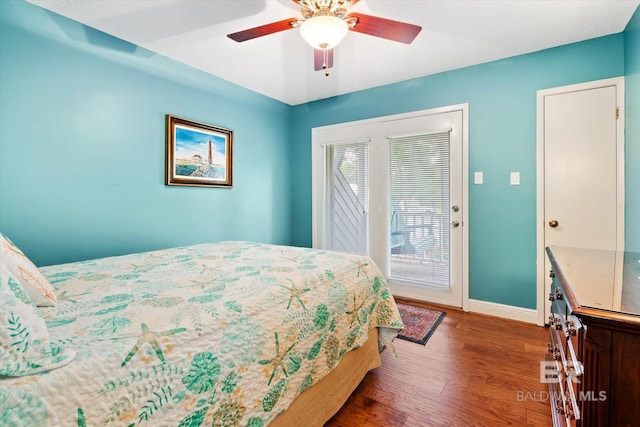 bedroom featuring access to outside, ceiling fan, and dark hardwood / wood-style flooring