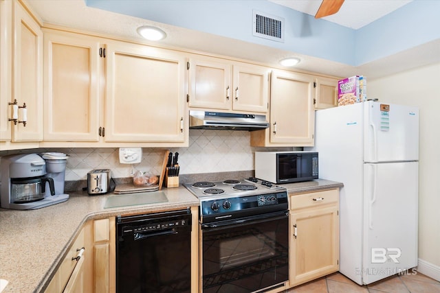 kitchen with black appliances, decorative backsplash, ceiling fan, and light tile patterned floors