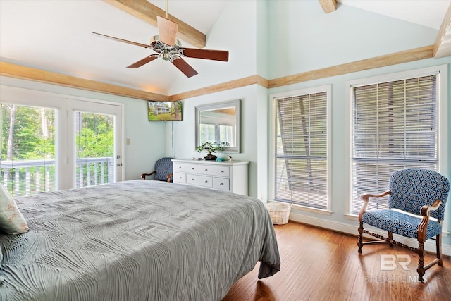 bedroom featuring access to exterior, ceiling fan, high vaulted ceiling, light hardwood / wood-style flooring, and beamed ceiling