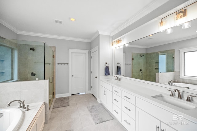 bathroom with vanity, tile patterned floors, ornamental molding, and separate shower and tub