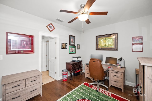 office space featuring dark wood-type flooring and ceiling fan