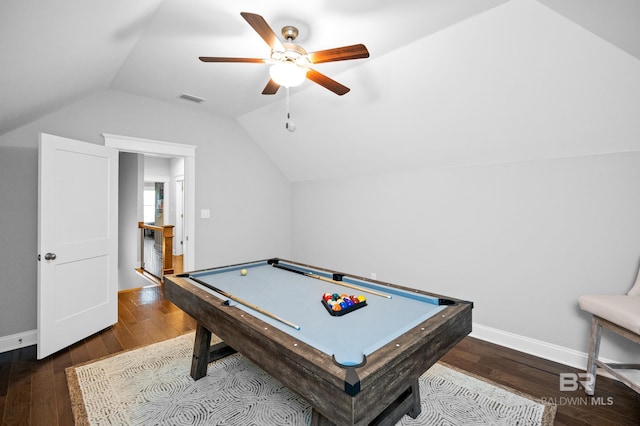 playroom featuring wood-type flooring, lofted ceiling, ceiling fan, and billiards