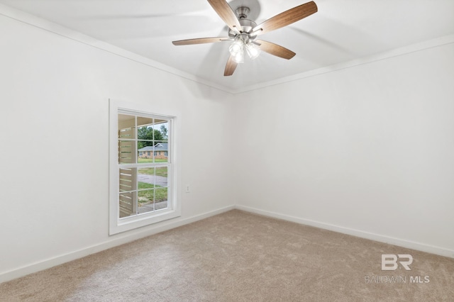 carpeted empty room with baseboards, crown molding, and a ceiling fan