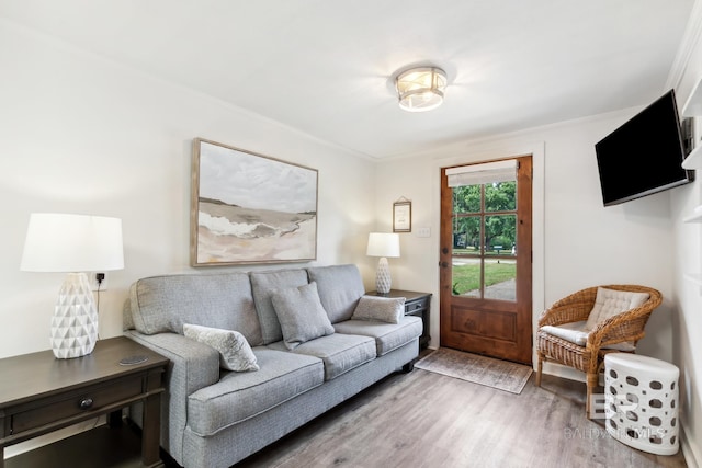 living area with ornamental molding and wood finished floors