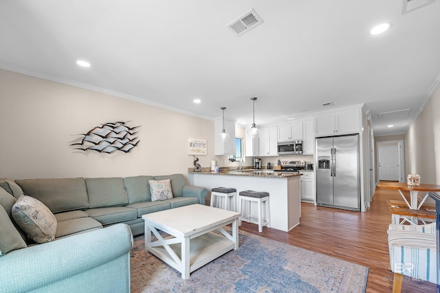 living room with wood-type flooring and crown molding