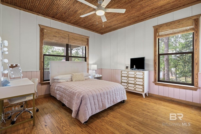 bedroom featuring wood walls, wooden ceiling, and wood finished floors