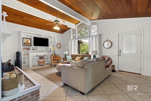 living area featuring ceiling fan, light tile patterned floors, wooden ceiling, lofted ceiling with beams, and wooden walls