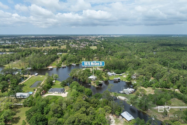 aerial view with a water view and a wooded view