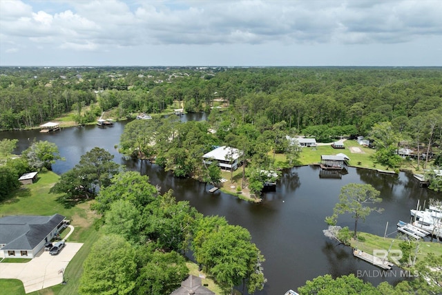 bird's eye view with a water view and a wooded view