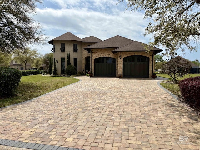 view of front of property with stucco siding, an attached garage, decorative driveway, a front yard, and a shingled roof