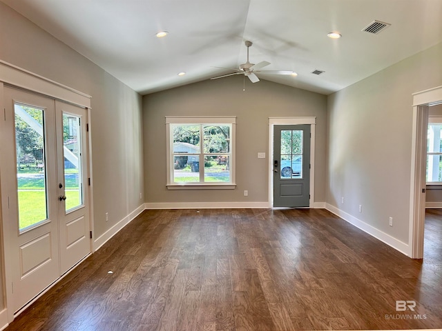 interior space featuring ceiling fan, dark hardwood / wood-style floors, french doors, and a wealth of natural light