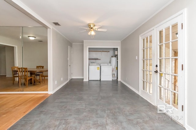 interior space with washing machine and clothes dryer, gas water heater, ceiling fan, and french doors