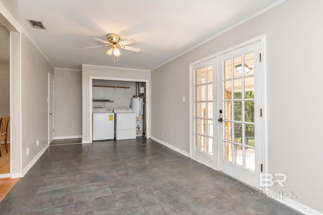 unfurnished living room featuring water heater, separate washer and dryer, ceiling fan, french doors, and ornamental molding