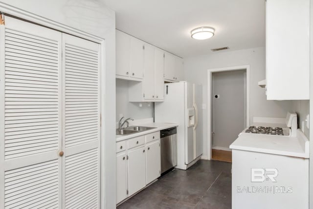 kitchen with sink, white cabinetry, exhaust hood, dishwasher, and white range oven