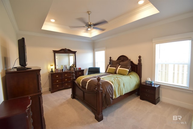 1123 Pheasant Cir, Foley, AL 36535 - bedroom with ornamental molding, light carpet, and a tray ceiling