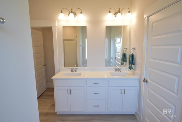 1123 Pheasant Cir, Foley, AL 36535 - bathroom featuring double vanity, a sink, a shower with door, and wood finished floors