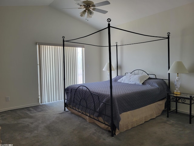 bedroom featuring dark colored carpet, ceiling fan, and high vaulted ceiling