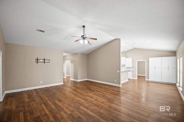 10210 Lyttleton Loop, Lillian, AL 36549 - unfurnished living room featuring visible vents, wood finished floors, a ceiling fan, and lofted ceiling