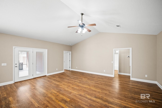 10210 Lyttleton Loop, Lillian, AL 36549 - unfurnished living room with visible vents, wood finished floors, lofted ceiling, and ceiling fan