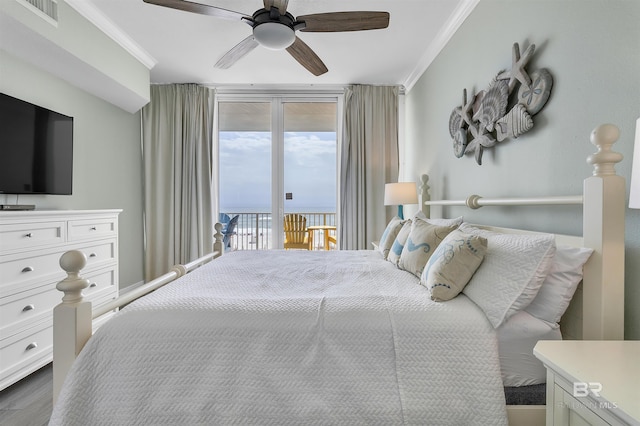 bedroom with visible vents, crown molding, wood finished floors, a ceiling fan, and access to outside