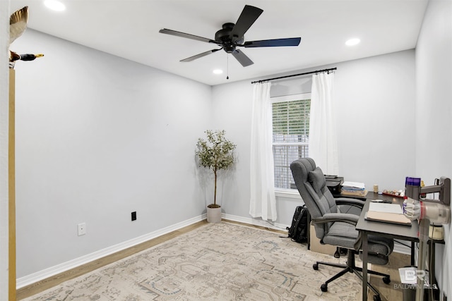 home office featuring recessed lighting, ceiling fan, baseboards, and wood finished floors