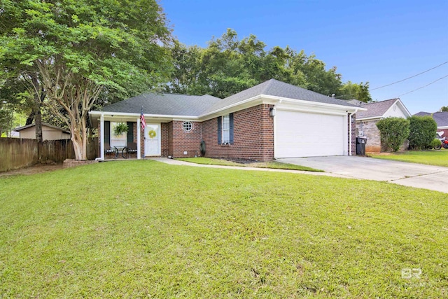 ranch-style house featuring a garage, brick siding, and concrete driveway