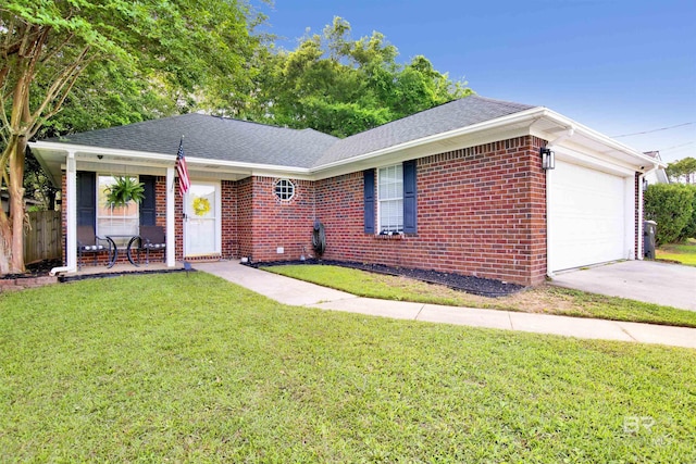 ranch-style home with a garage, brick siding, driveway, and roof with shingles