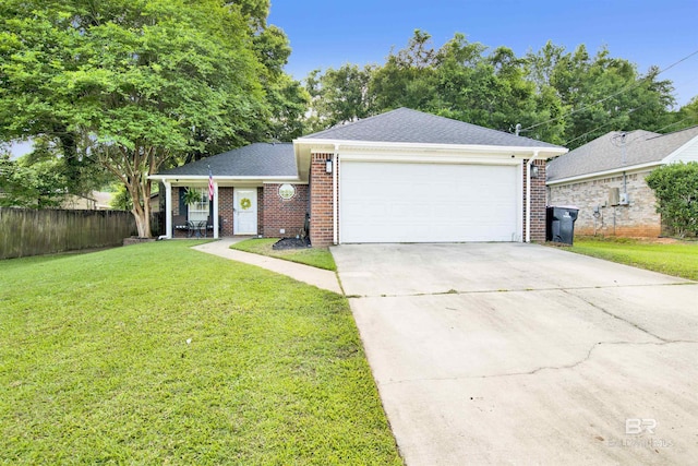 single story home featuring brick siding, driveway, a garage, and roof with shingles