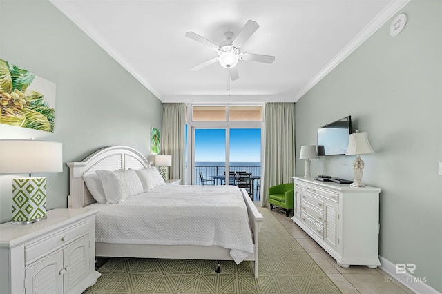 bedroom featuring light tile patterned floors, baseboards, ceiling fan, and crown molding