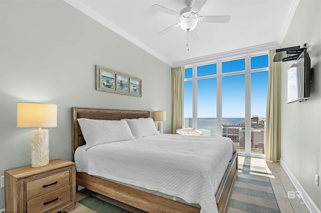 tiled bedroom with a wall of windows, baseboards, ceiling fan, crown molding, and access to outside