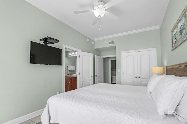 tiled bedroom featuring visible vents, baseboards, a closet, and ornamental molding