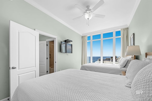 bedroom featuring ceiling fan, a wall of windows, and ornamental molding