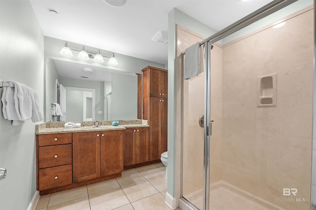 full bathroom featuring tile patterned flooring, a shower stall, toilet, and visible vents