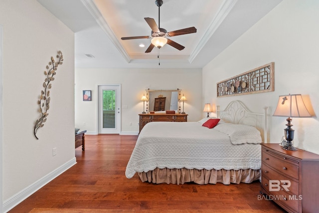 8664 Foxtail Loop, Pensacola, FL 32526 - bedroom with a raised ceiling, wood finished floors, ornamental molding, access to outside, and a ceiling fan