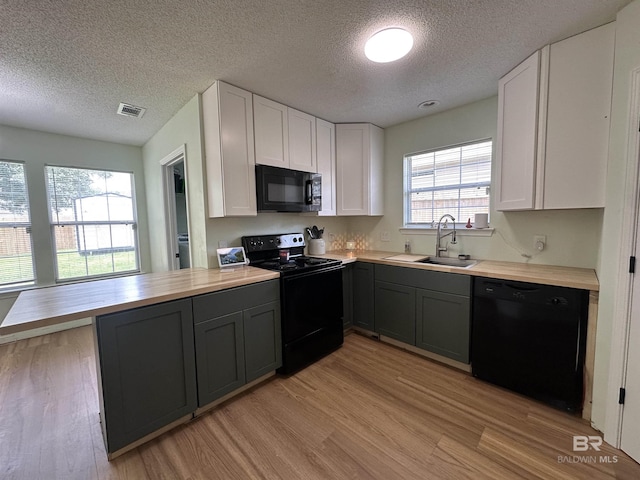 1010 E Hamilton Bridges Dr, Mobile, AL 36695 - kitchen featuring black appliances, a sink, a textured ceiling, white cabinets, and wooden counters