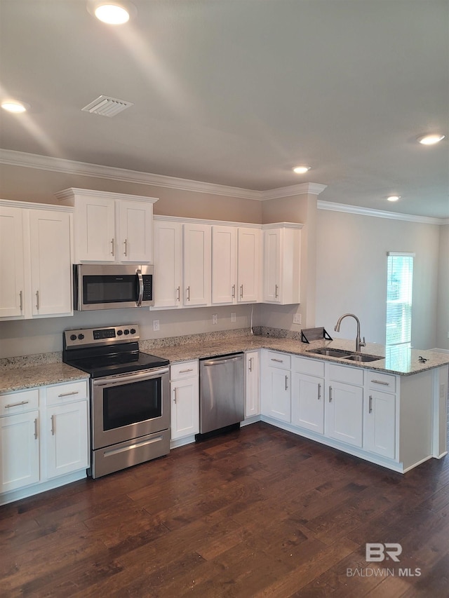 23965 Cottage Loop, Orange Beach, AL 36561 - kitchen featuring appliances with stainless steel finishes, a sink, crown molding, a peninsula, and white cabinets