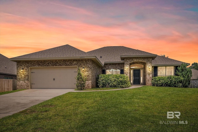 prairie-style home featuring a garage and a yard