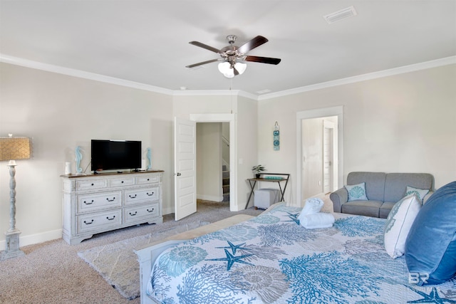 carpeted bedroom with ceiling fan and crown molding