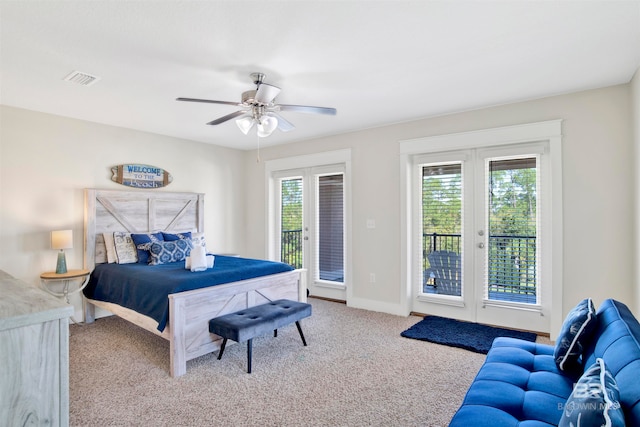 bedroom featuring carpet, ceiling fan, and access to exterior