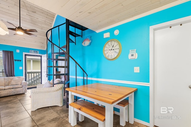 dining room featuring ornamental molding, ceiling fan, and wooden ceiling